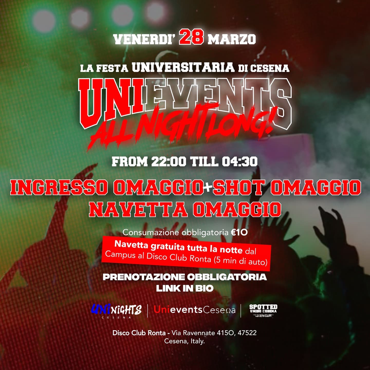 Post: UNIEVENTS PROJECT X - LA FESTA UNIVERSITARIA ALL NIGHT LONG🎉

🗓️ • Venerdì 28 Marzo
⏰ • Dalle 22:00 alle 04:30
📍 • Disco Club Ronta, Via …
