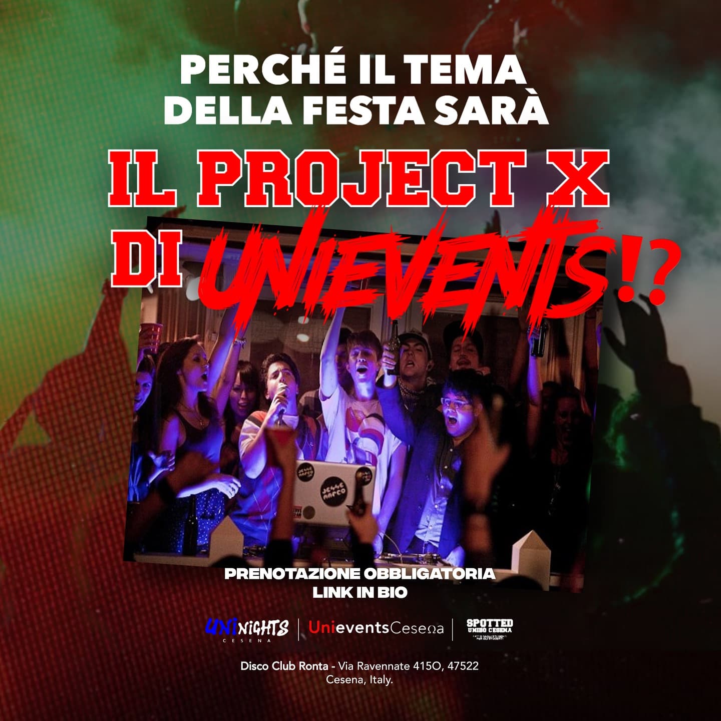 Post: UNIEVENTS PROJECT X - LA FESTA UNIVERSITARIA ALL NIGHT LONG🎉

🗓️ • Venerdì 28 Marzo
⏰ • Dalle 22:00 alle 04:30
📍 • Disco Club Ronta, Via …