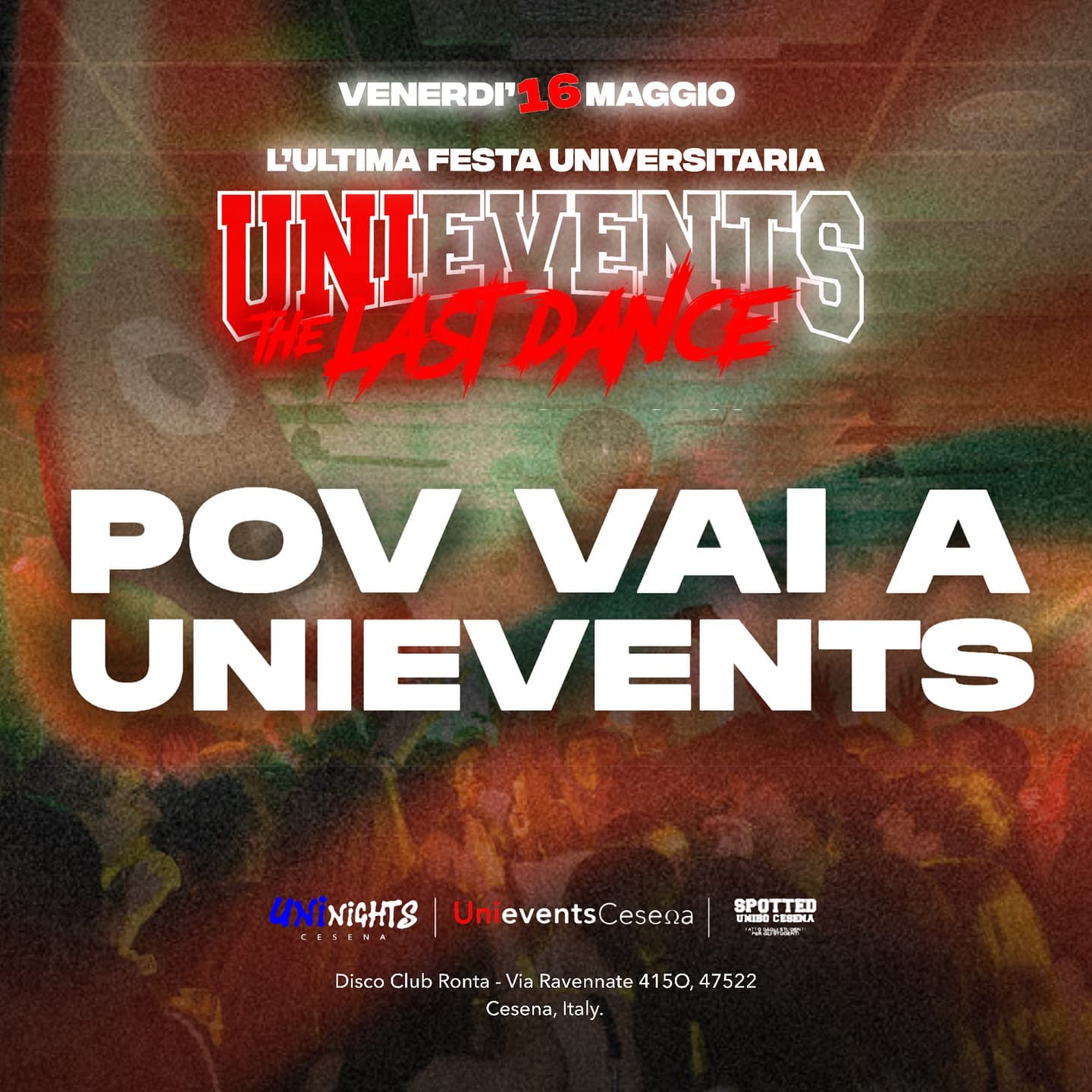 Post: POV : VAI ALLA FESTA DI UNIEVENTS DEL 16 MAGGIO❤️ L’ULTIMA FESTA UNIVERSITARIA 🎉

🗓️ • Venerdì 16 Maggio
⏰ • Dalle 22:00 alle 04:30
📍 • D…