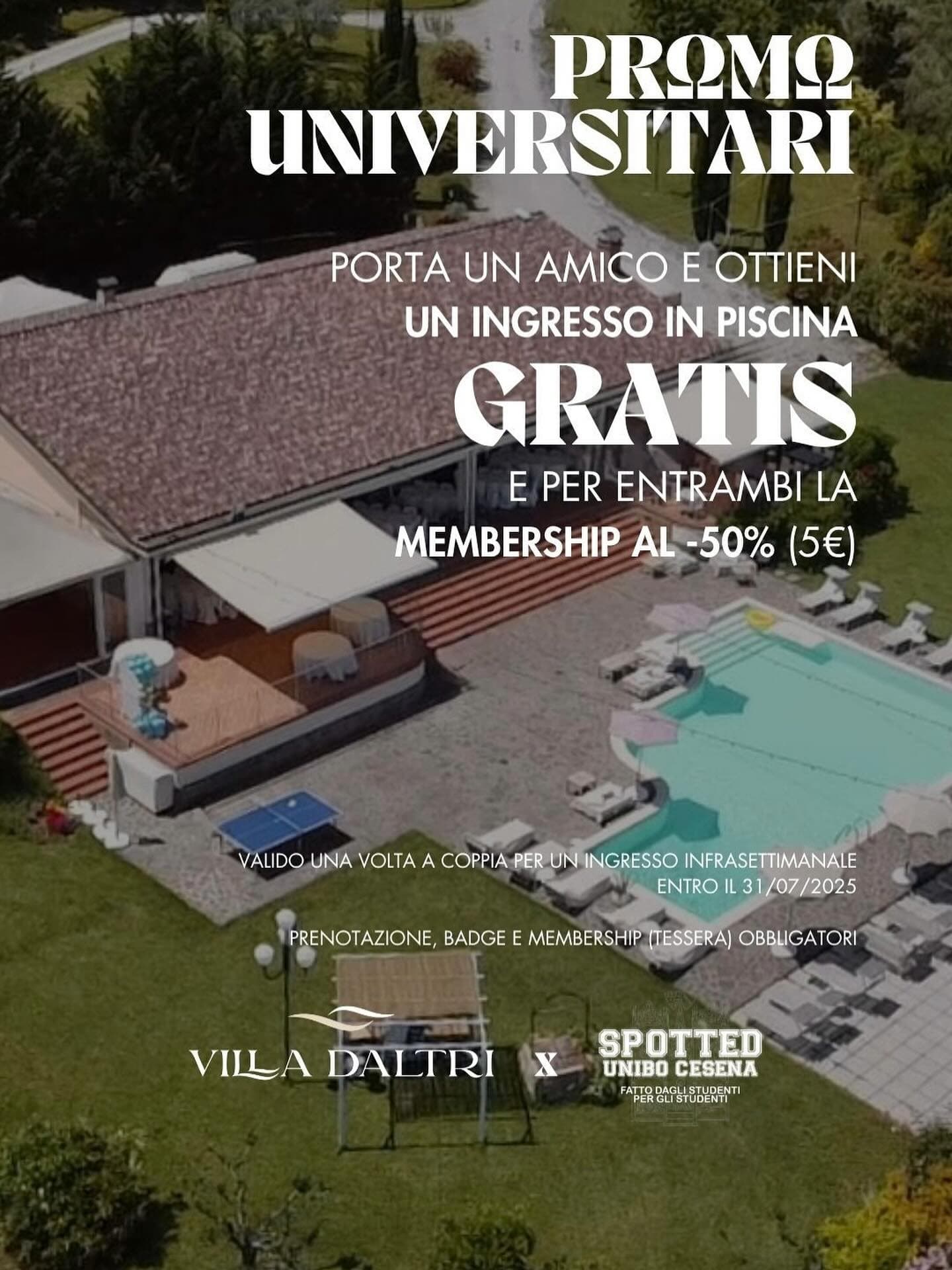 Post: ⛱️Relax post esami? 
Spotted in Piscina🍹 

Compresa di svago, drink ed aperitivo e possibilità di pranzare!!

Ci troviamo alla @villadaltri…