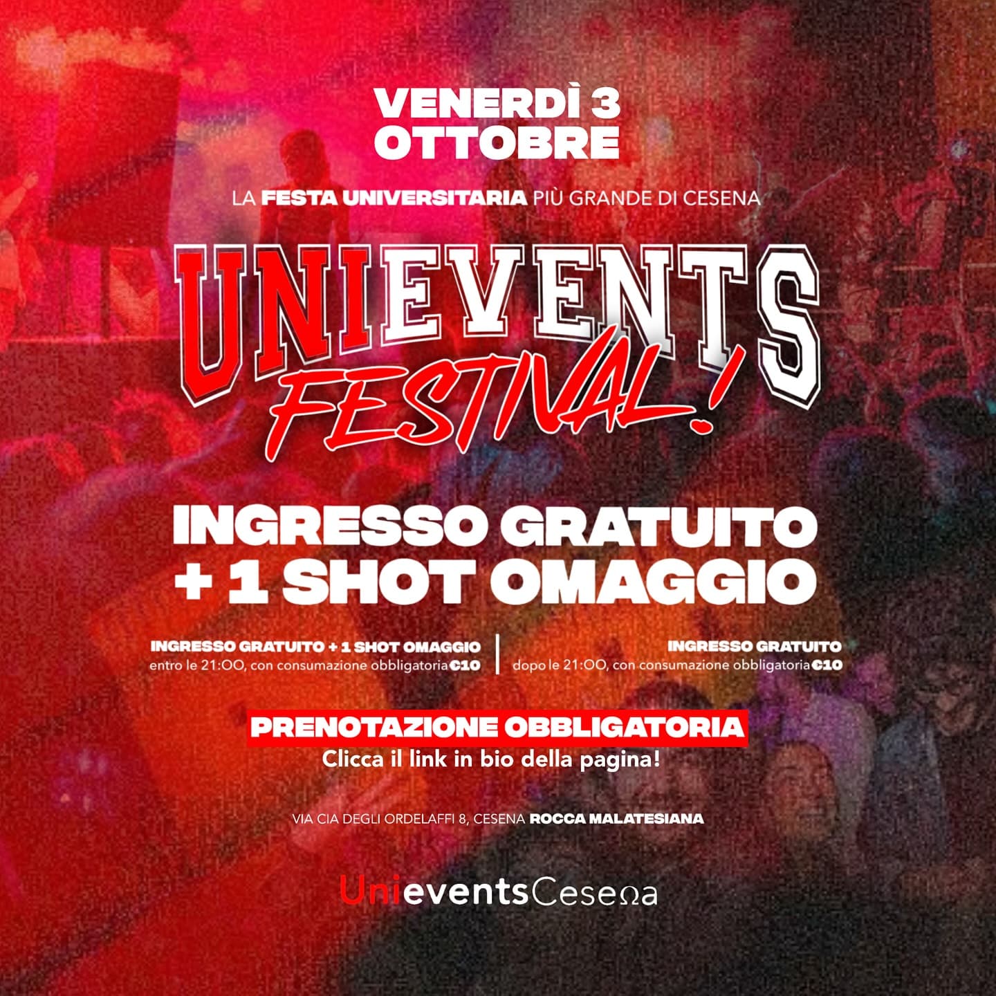 Post: UNIEVENTS FESTIVAL - LA FESTA UNIVERSITARIA ALLA ROCCA DI CESENA🎉 🚨

🗓️ • Venerdì 3 Ottobre
⏰ • Dalle 20:00 alle 01:30
📍 • Rocca Malates…