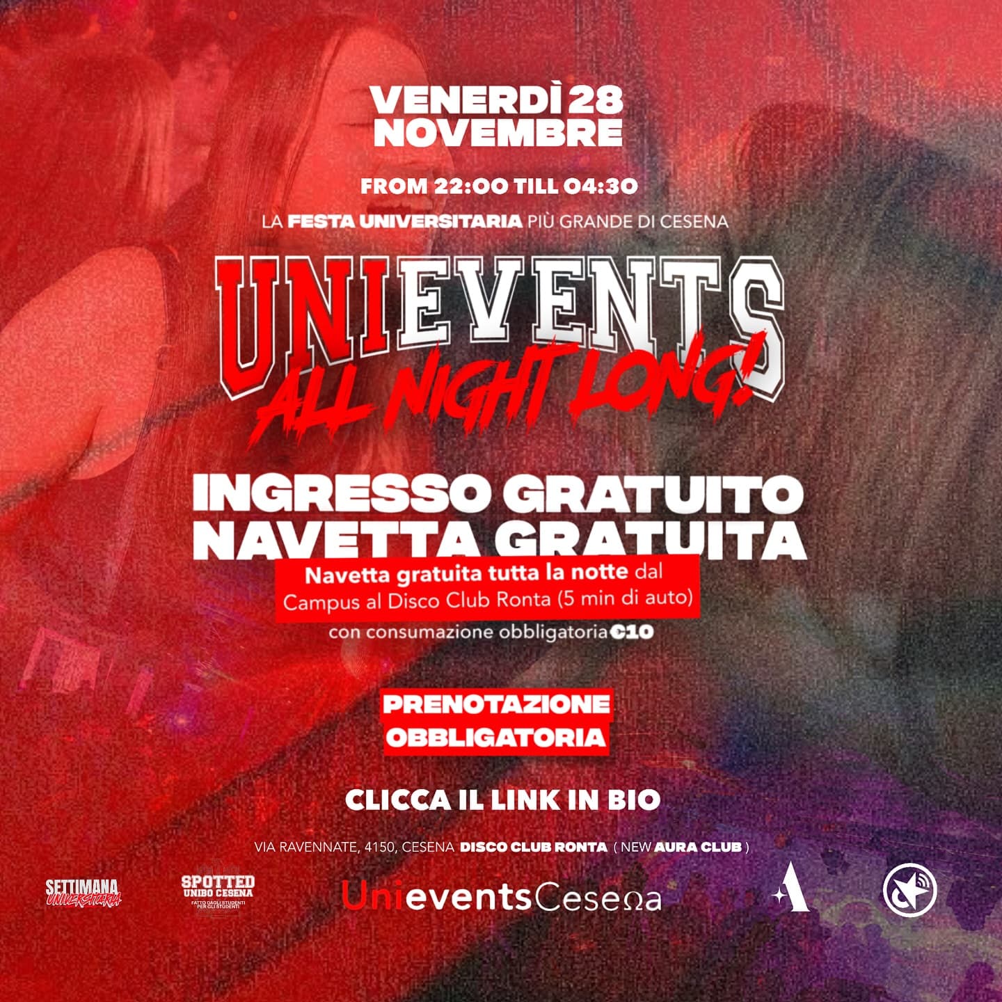 Post: UNIEVENTS ALL NIGHT LONG - LA FESTA UNIVERSITARIA PIÙ GRANDE DI CESENA🎉

🗓️ • Venerdì 28 Novembre 
⏰ • Dalle 22:00 alle 04:30
📍 • Disco C…