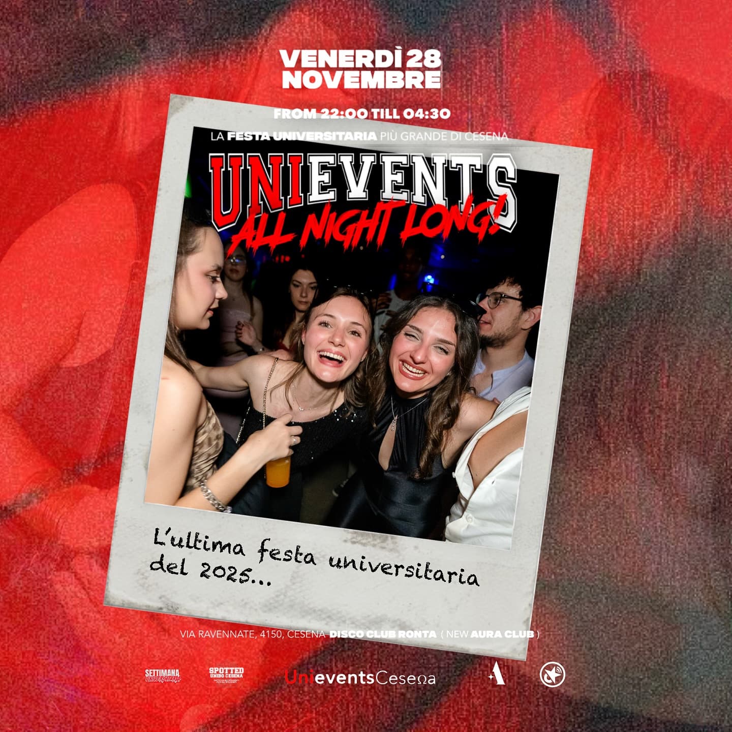 Post: UNIEVENTS ALL NIGHT LONG - LA FESTA UNIVERSITARIA PIÙ GRANDE DI CESENA🎉

🗓️ • Venerdì 28 Novembre 
⏰ • Dalle 22:00 alle 04:30
📍 • Disco C…