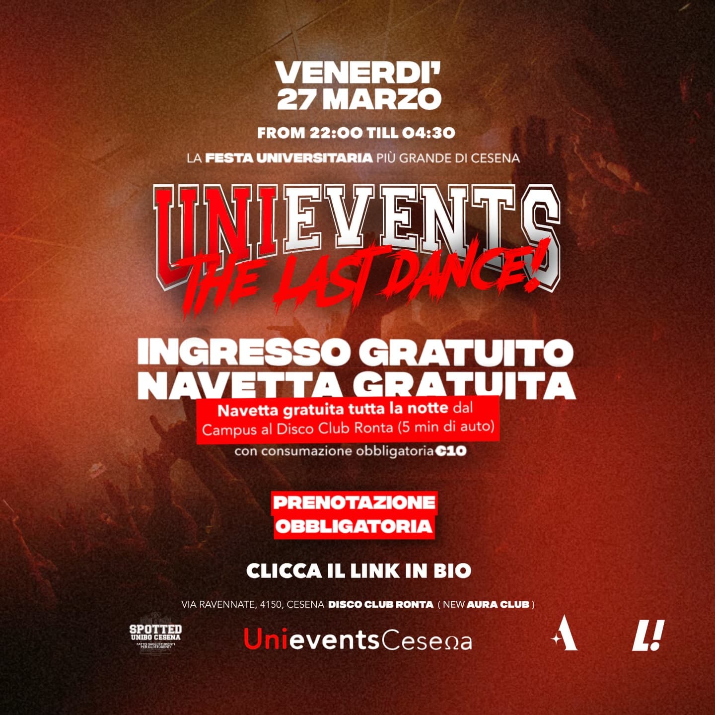 Post: UNIEVENTS THE LAST DANCE - LA FESTA UNIVERSITARIA PIÙ GRANDE DI CESENA🎉

🗓️ • Venerdì 27 Marzo 
⏰ • Dalle 22:00 alle 04:30
📍 • Aura Club,…