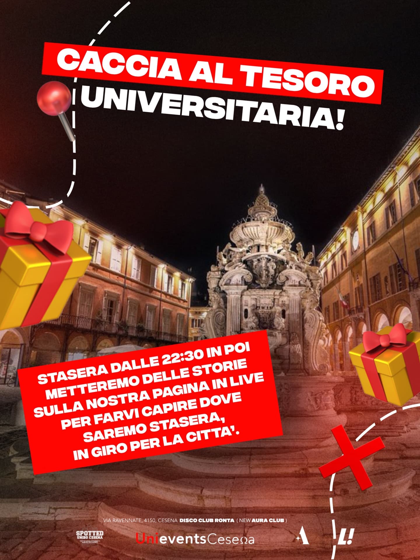 Post: 🎉 Questa sera torna la caccia al tesoro universitaria!

Dalle 22:30, tra le vie del centro, nasconderemo tantissimi premi: drink, omaggi, t…