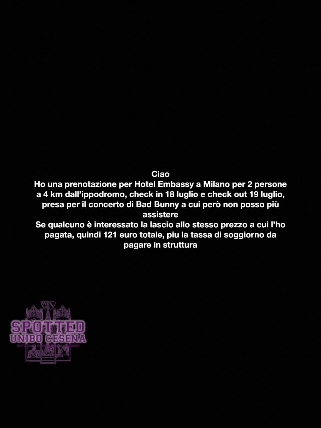 Post: Ciao
Ho una prenotazione per Hotel Embassy a Milano per 2 persone a 4 km dall’ippodromo, check in 18 luglio e check out 19 luglio, presa pe…