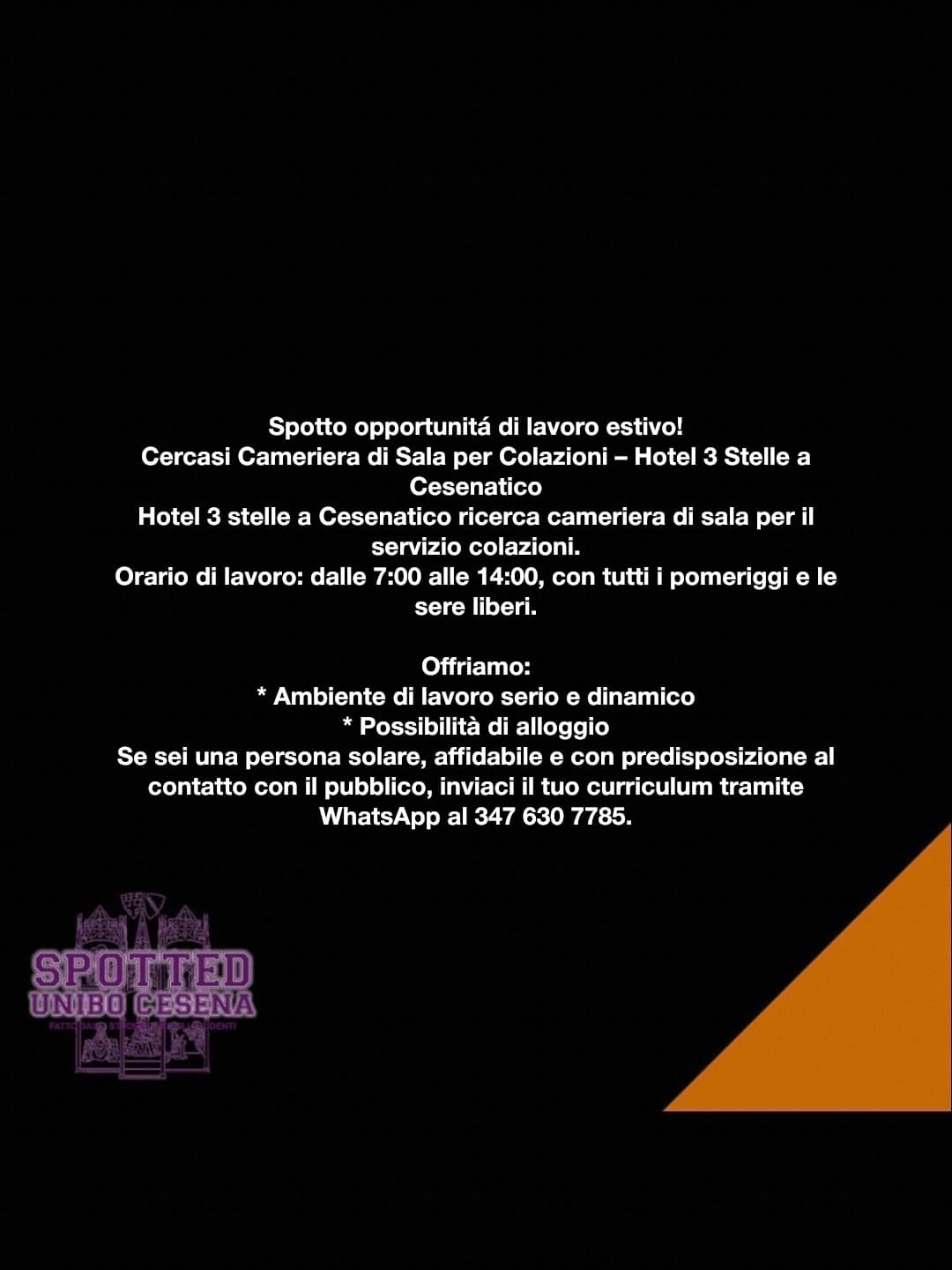 Post: Spotto opportunitá di lavoro estivo!
Cercasi Cameriera di Sala per Colazioni – Hotel 3 Stelle a Cesenatico
Hotel 3 stelle a Cesenatico ric…