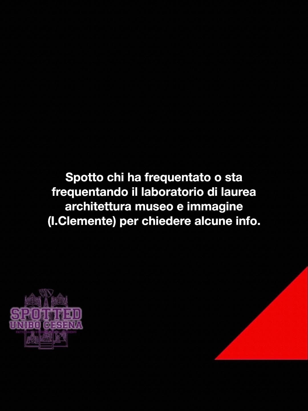 Post: Spotto chi ha frequentato o sta frequentando il laboratorio di laurea architettura museo e immagine (I.Clemente) per chiedere alcune info.
…