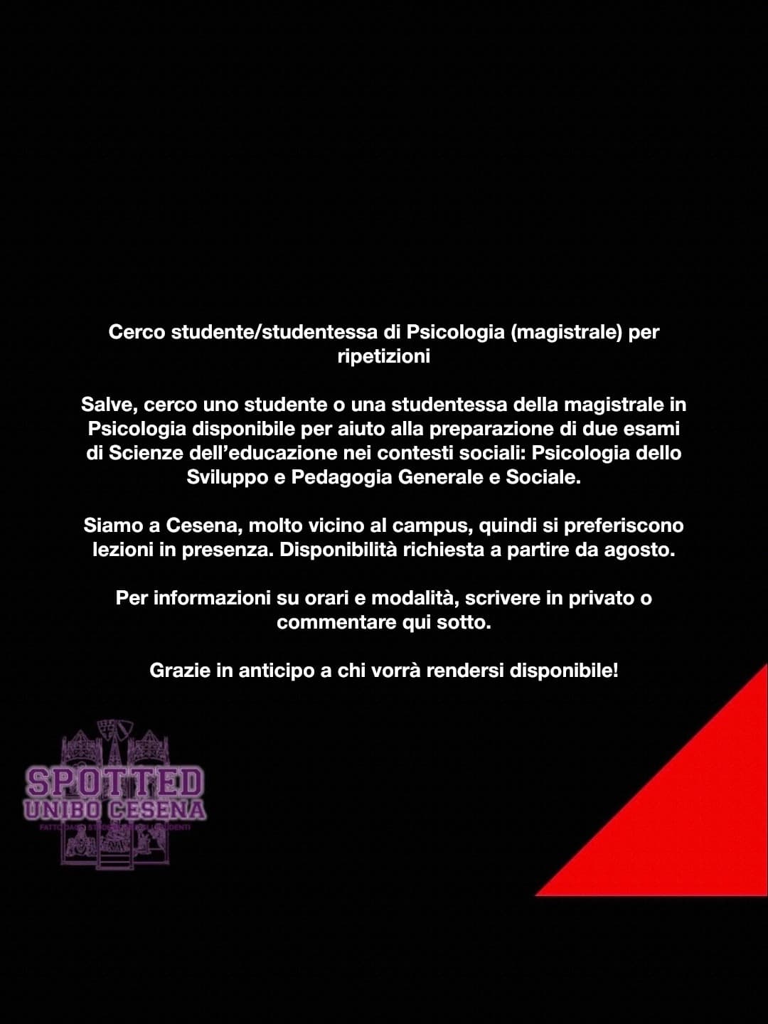 Post: Cerco studente/studentessa di Psicologia (magistrale) per ripetizioni

Salve, cerco uno studente o una studentessa della magistrale in Psi…