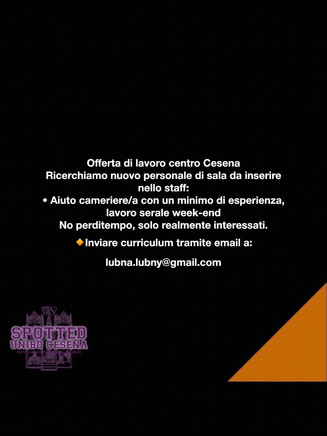 Post: Offerta di lavoro centro Cesena 
 Ricerchiamo nuovo personale di sala da inserire nello staff: 
	•	Aiuto cameriere/a con un minimo di espe…