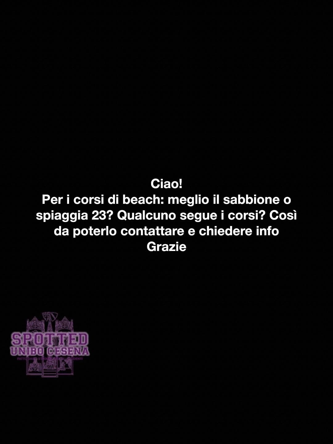 Post: Ciao!
Per i corsi di beach: meglio il sabbione o spiaggia 23? Qualcuno segue i corsi? Così da poterlo contattare e chiedere info Grazie

…