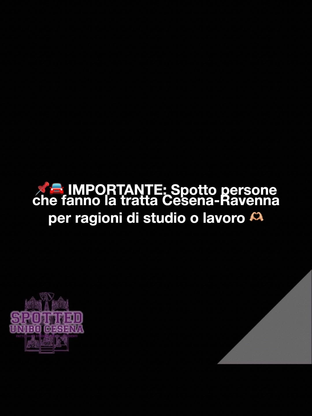 Post: 📌🚘 IMPORTANTE: Spotto persone che fanno la tratta Cesena-Ravenna per ragioni di studio o lavoro 🫶🏼

#spotted #Cesena #unibo #cesenaspo…