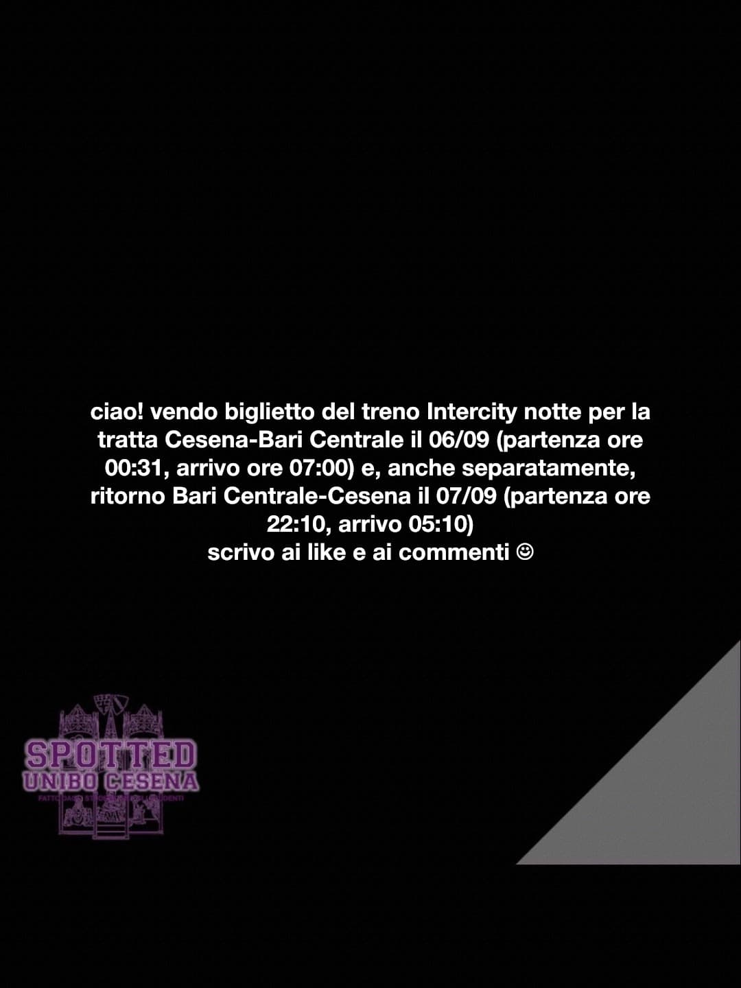 Post: ciao! vendo biglietto del treno Intercity notte per la tratta Cesena-Bari Centrale il 06/09 (partenza ore 00:31, arrivo ore 07:00) e, anche …